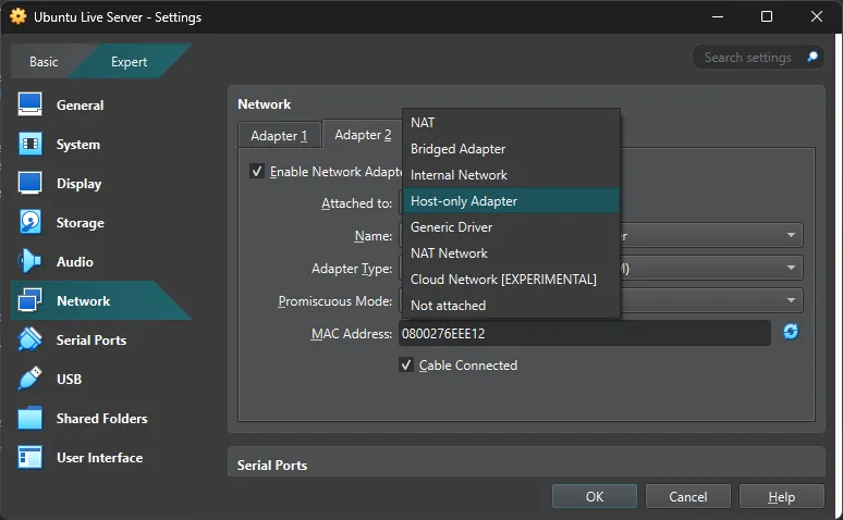 VirtualBox networking settings